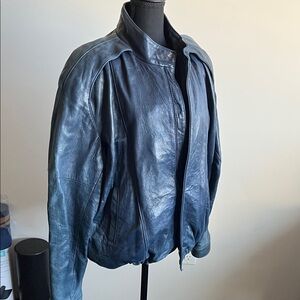 Men's Blue Leather Bomber Jacket